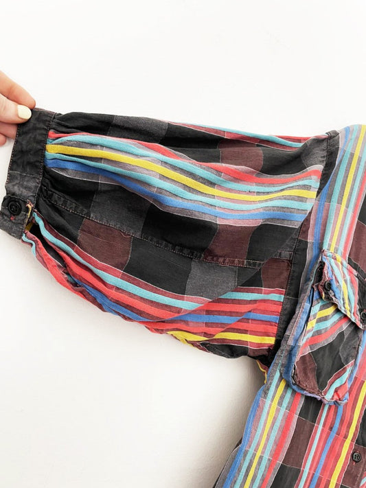 vintage 90s non-stop plaid balloon short sleeve full button shirt | made in india - good market thrift store