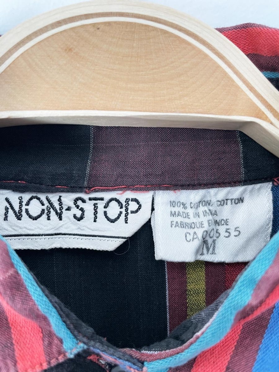vintage 90s non-stop plaid balloon short sleeve full button shirt | made in india - good market thrift store