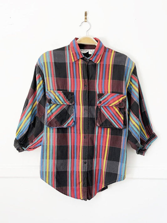 vintage 90s non-stop plaid balloon short sleeve full button shirt | made in india - good market thrift store