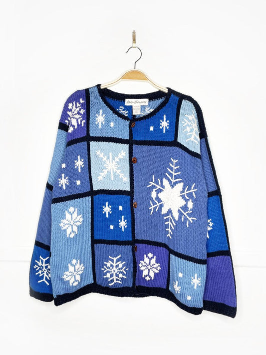 vintage 90s norm thompson snowflake patchwork knit cardigan - good market thrift store