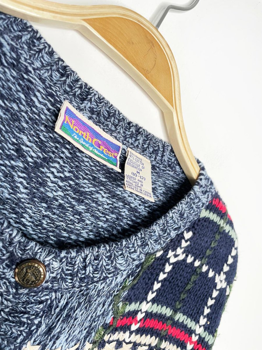 vintage 90s northcrest winter patchwork chunky knit cardigan - good market thrift store