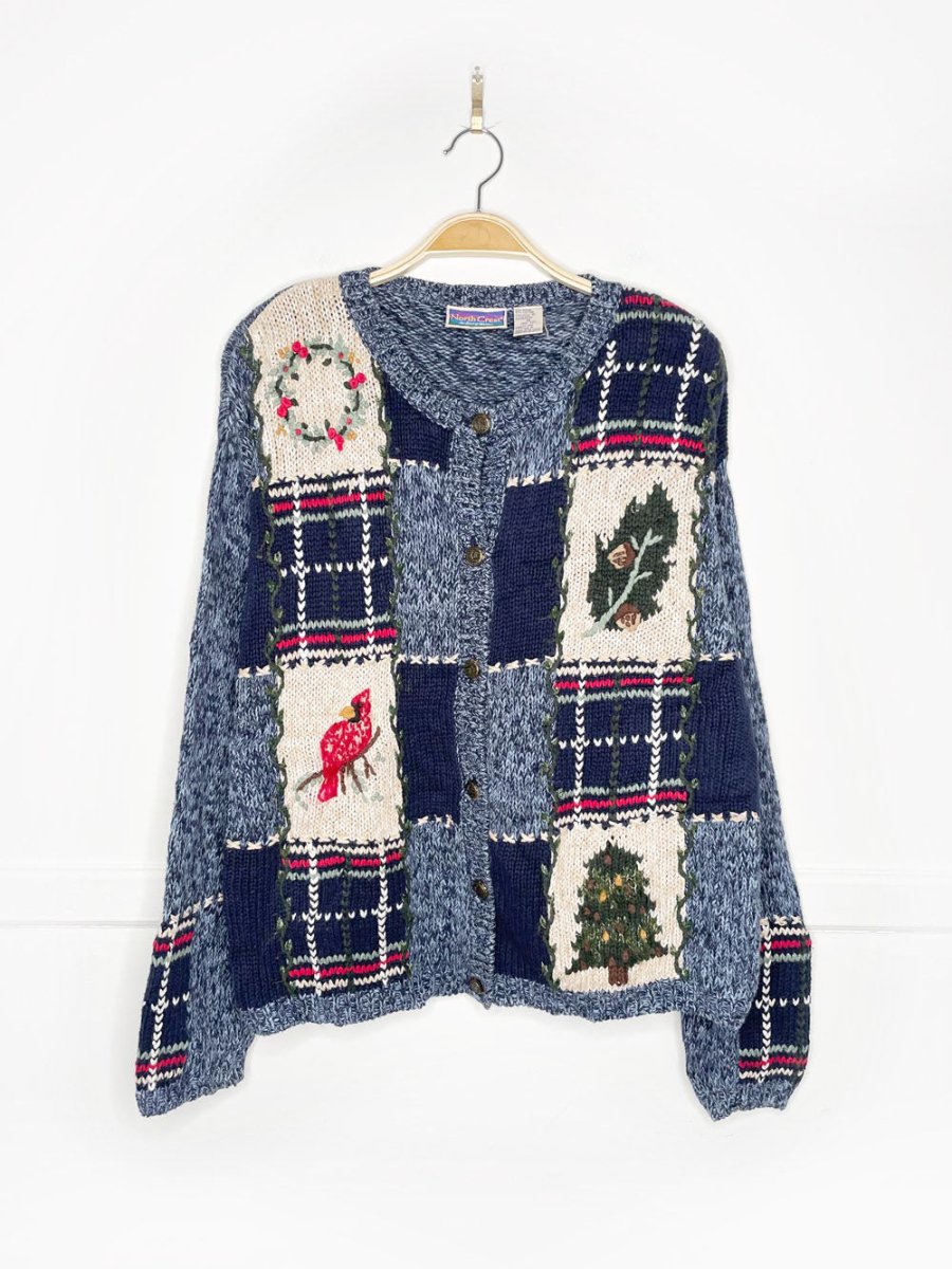 vintage 90s northcrest winter patchwork chunky knit cardigan - good market thrift store