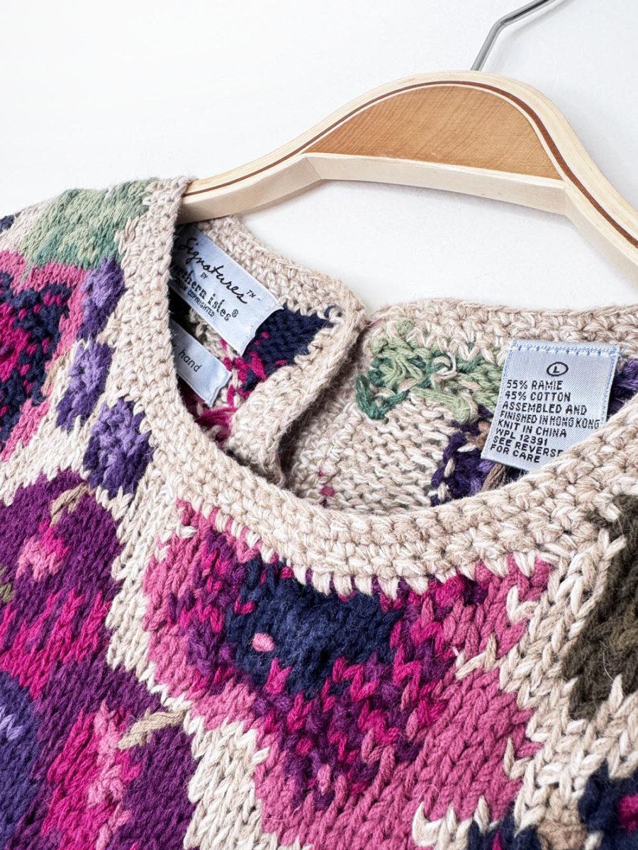 vintage 90s northern isles hand-knit floral chunky sweater - good market thrift store