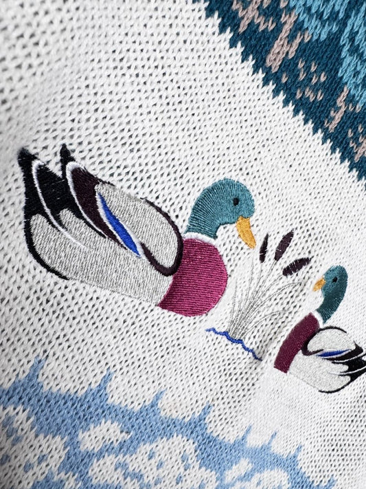 vintage 90s northern isles ramie-blend embroidered ducks farm fair isle knit sweater - good market thrift store