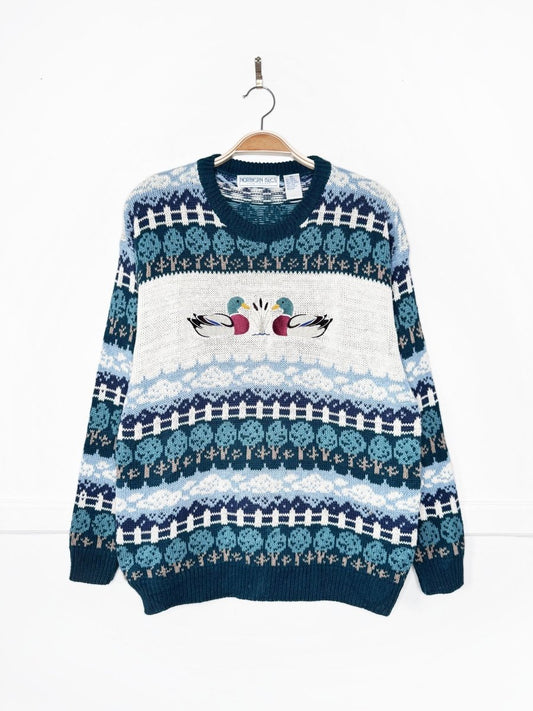 vintage 90s northern isles ramie-blend embroidered ducks farm fair isle knit sweater - good market thrift store