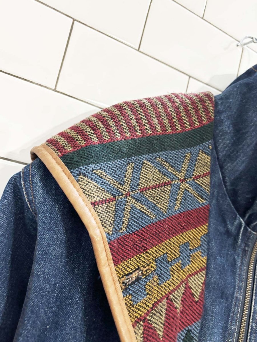 vintage 90s outbrook southwestern tapestry lined denim jacket - good market thrift store
