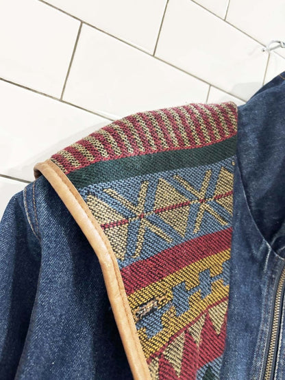 vintage 90s outbrook southwestern tapestry lined denim jacket - good market thrift store