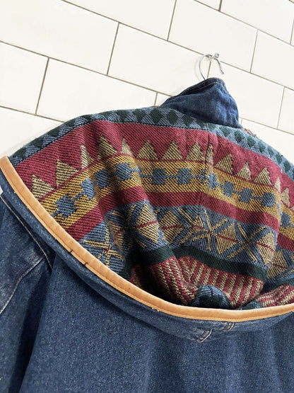 vintage 90s outbrook southwestern tapestry lined denim jacket - good market thrift store