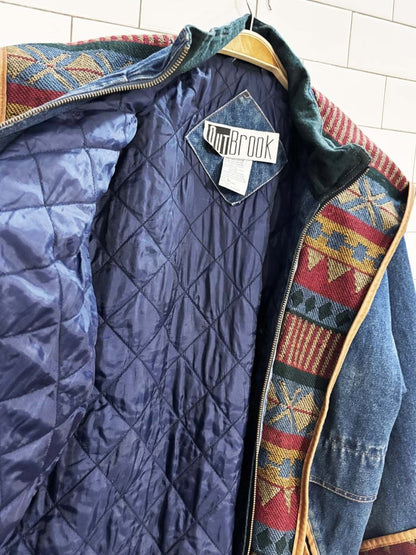 vintage 90s outbrook southwestern tapestry lined denim jacket - good market thrift store