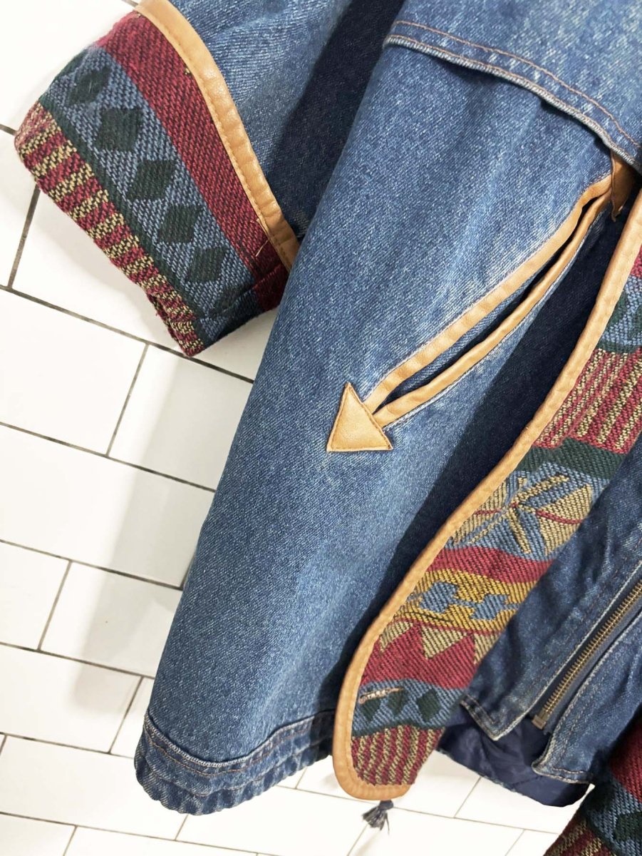 vintage 90s outbrook southwestern tapestry lined denim jacket - good market thrift store