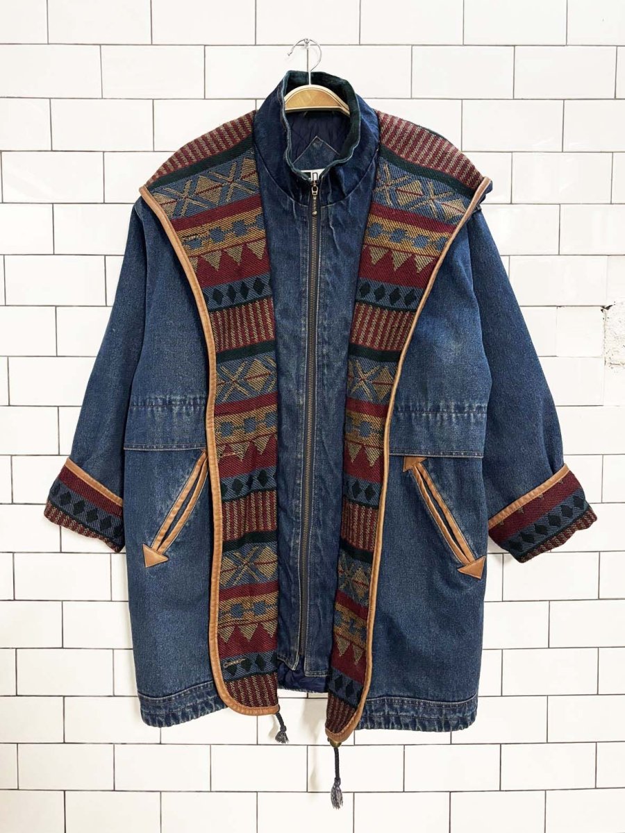 vintage 90s outbrook southwestern tapestry lined denim jacket - good market thrift store