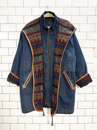 vintage 90s outbrook southwestern tapestry lined denim jacket - good market thrift store