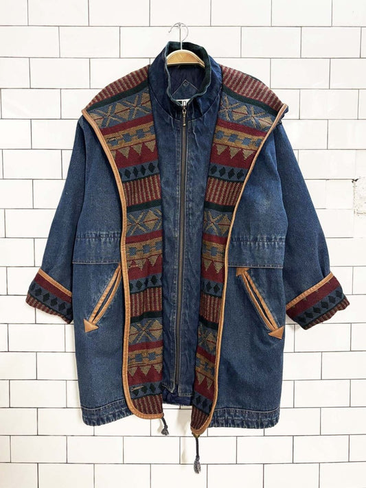 vintage 90s outbrook southwestern tapestry lined denim jacket - good market thrift store