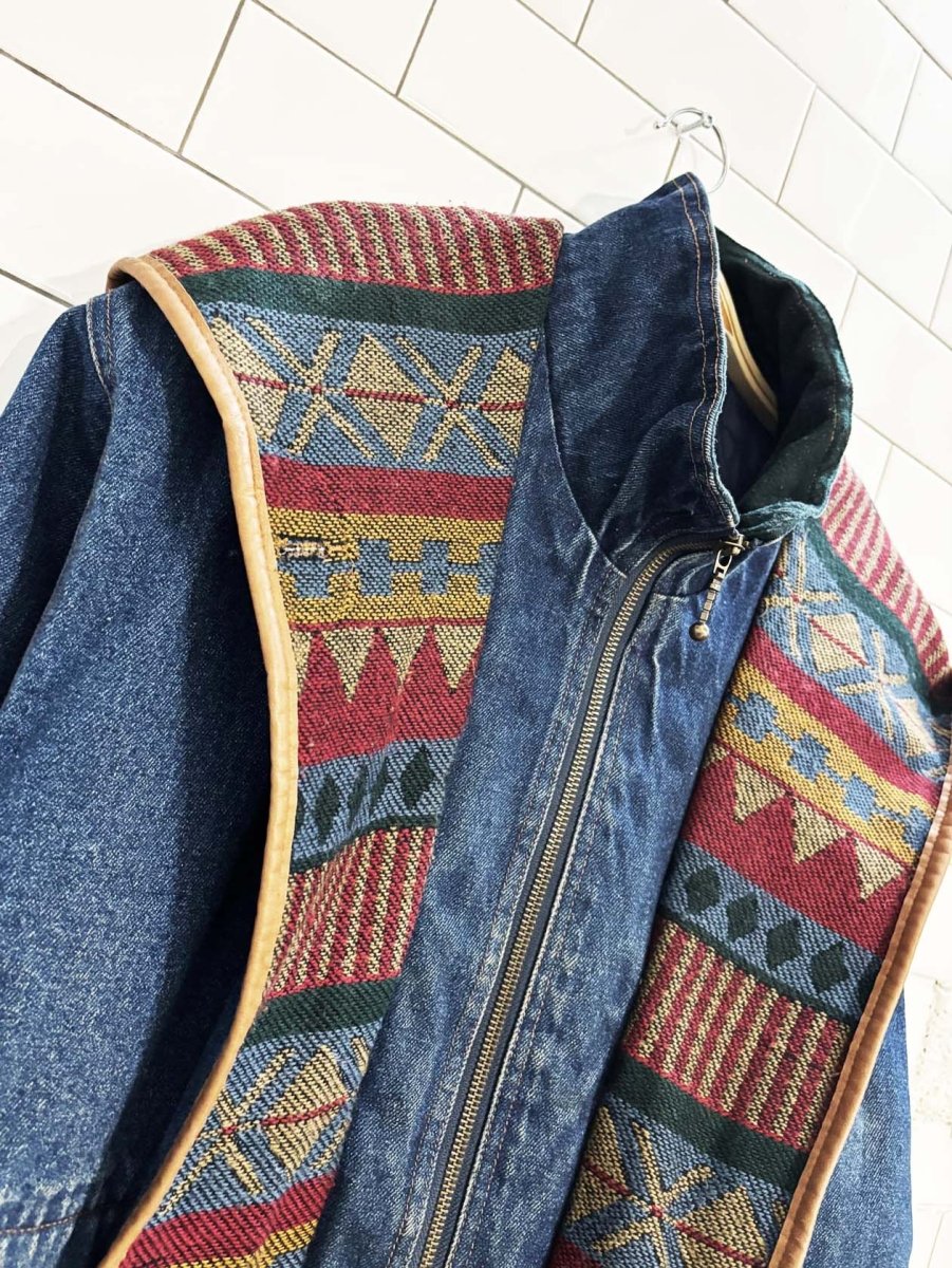 vintage 90s outbrook southwestern tapestry lined denim jacket - good market thrift store