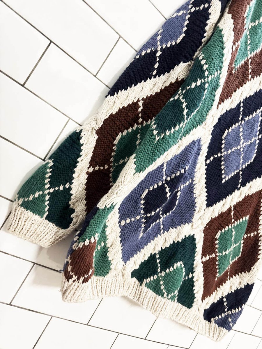 vintage 90s paris sport club hand - knit argyle chunky sweater - good market thrift store