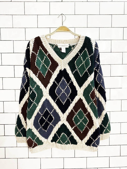 vintage 90s paris sport club hand - knit argyle chunky sweater - good market thrift store