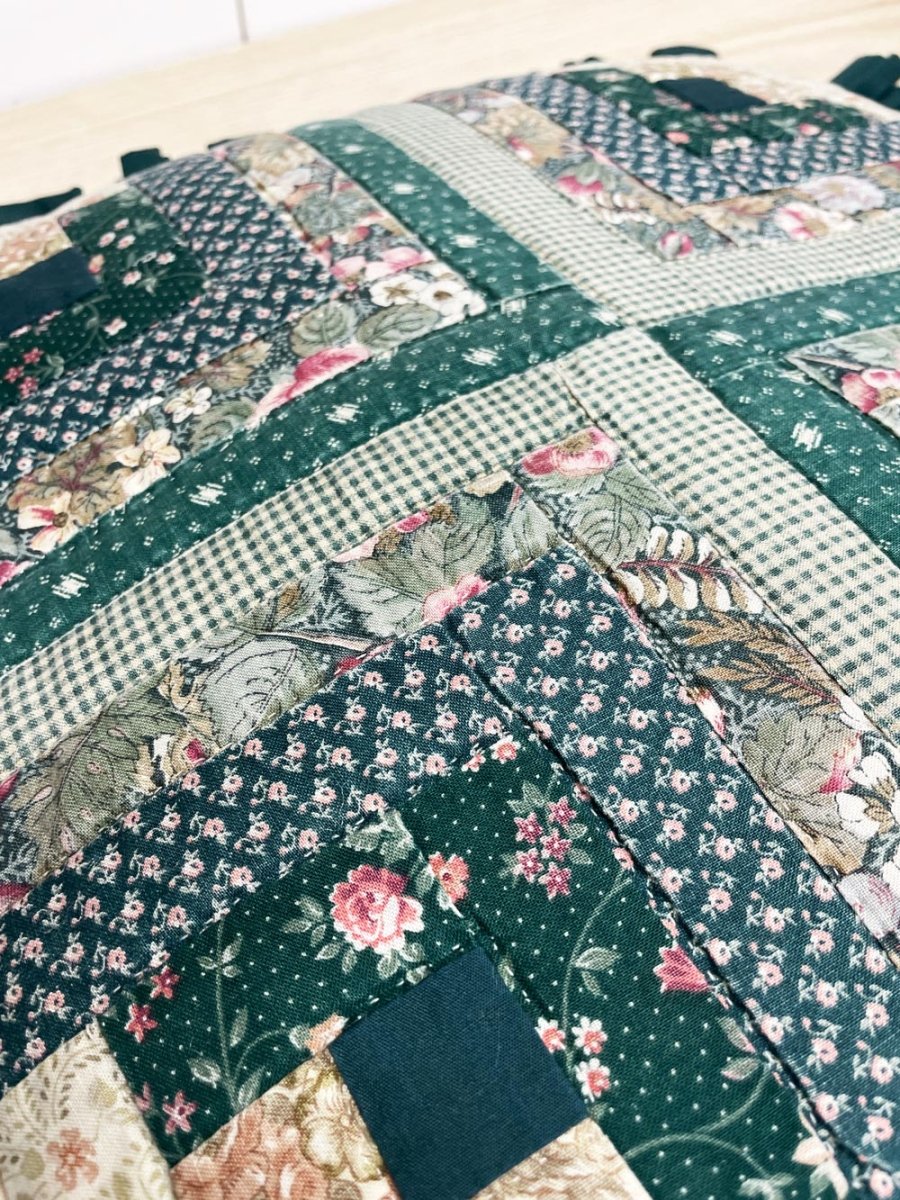 vintage 90s patchwork quilt ruffled trim pillow - good market thrift store