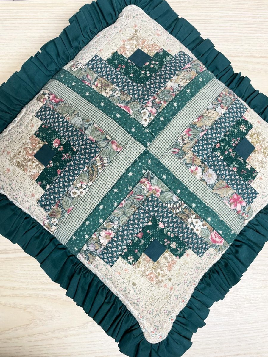 vintage 90s patchwork quilt ruffled trim pillow - good market thrift store