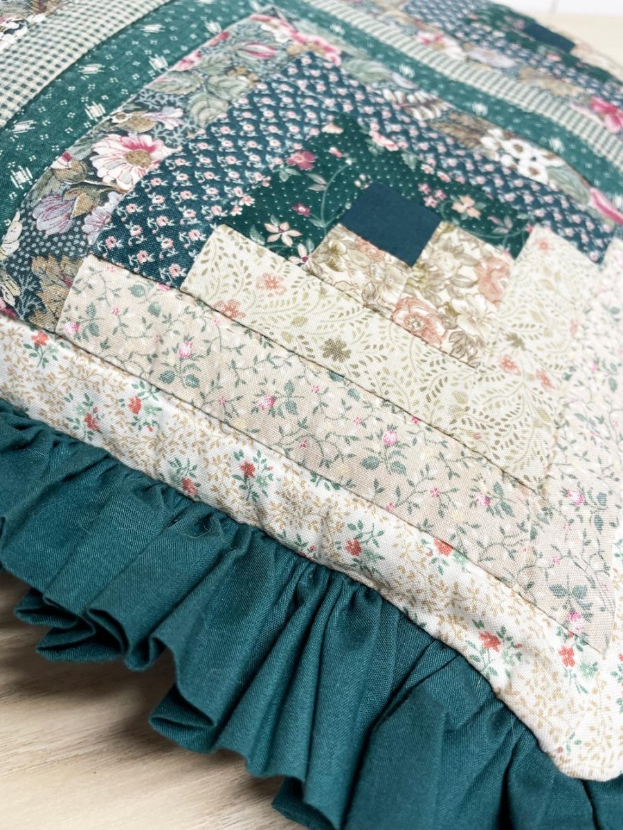 vintage 90s patchwork quilt ruffled trim pillow - good market thrift store