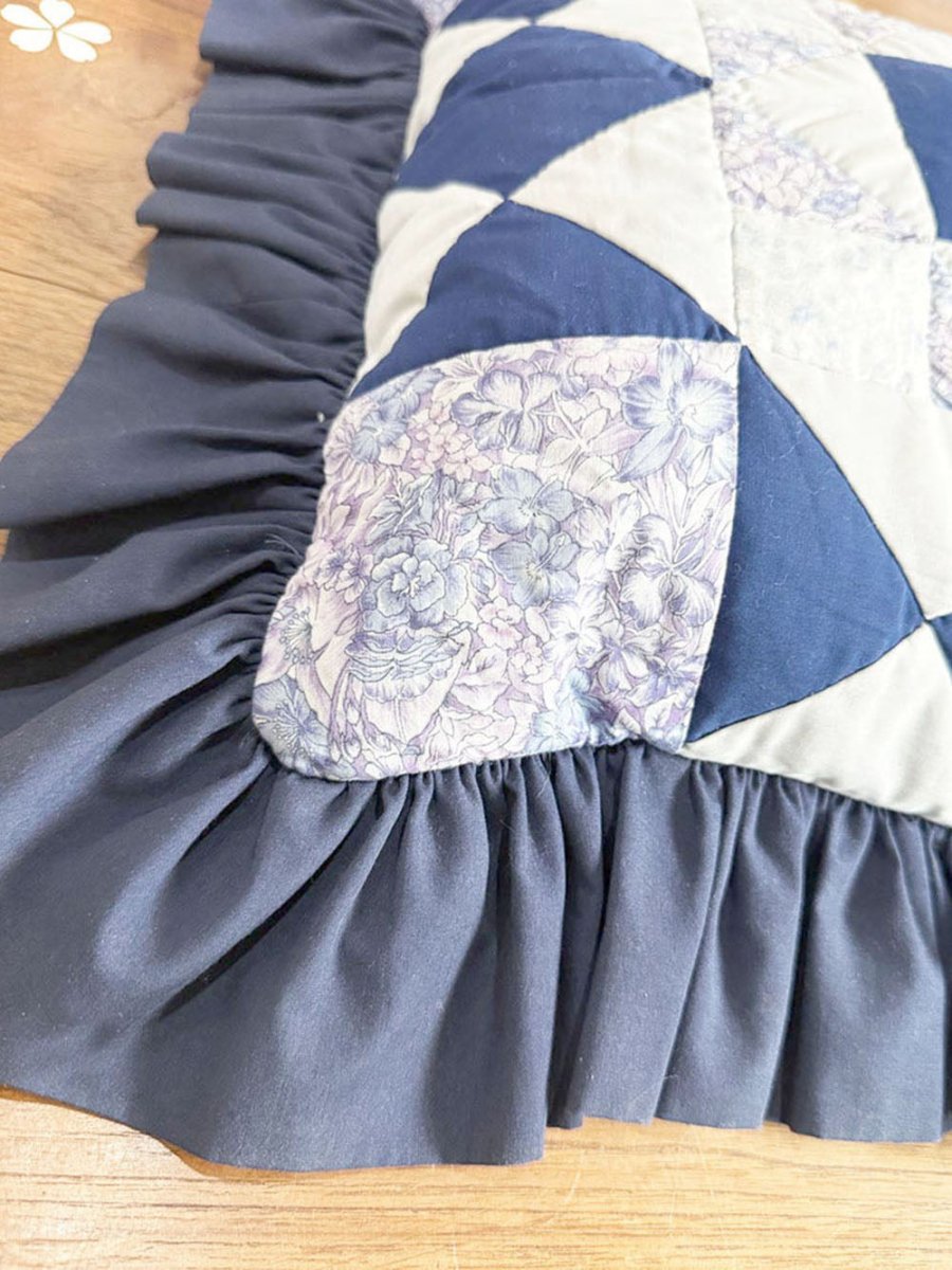 vintage 90s patchwork quilt ruffled trim pillow - good market thrift store