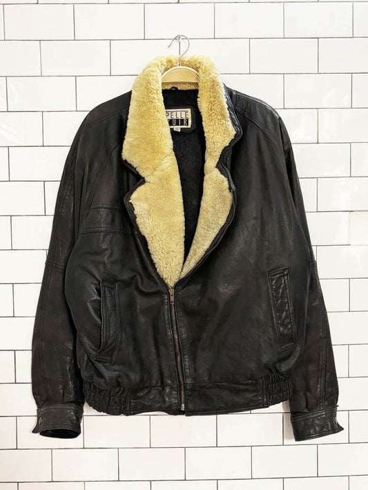 vintage 90s pelle cuir leather shearling collar aviator jacket - good market thrift store