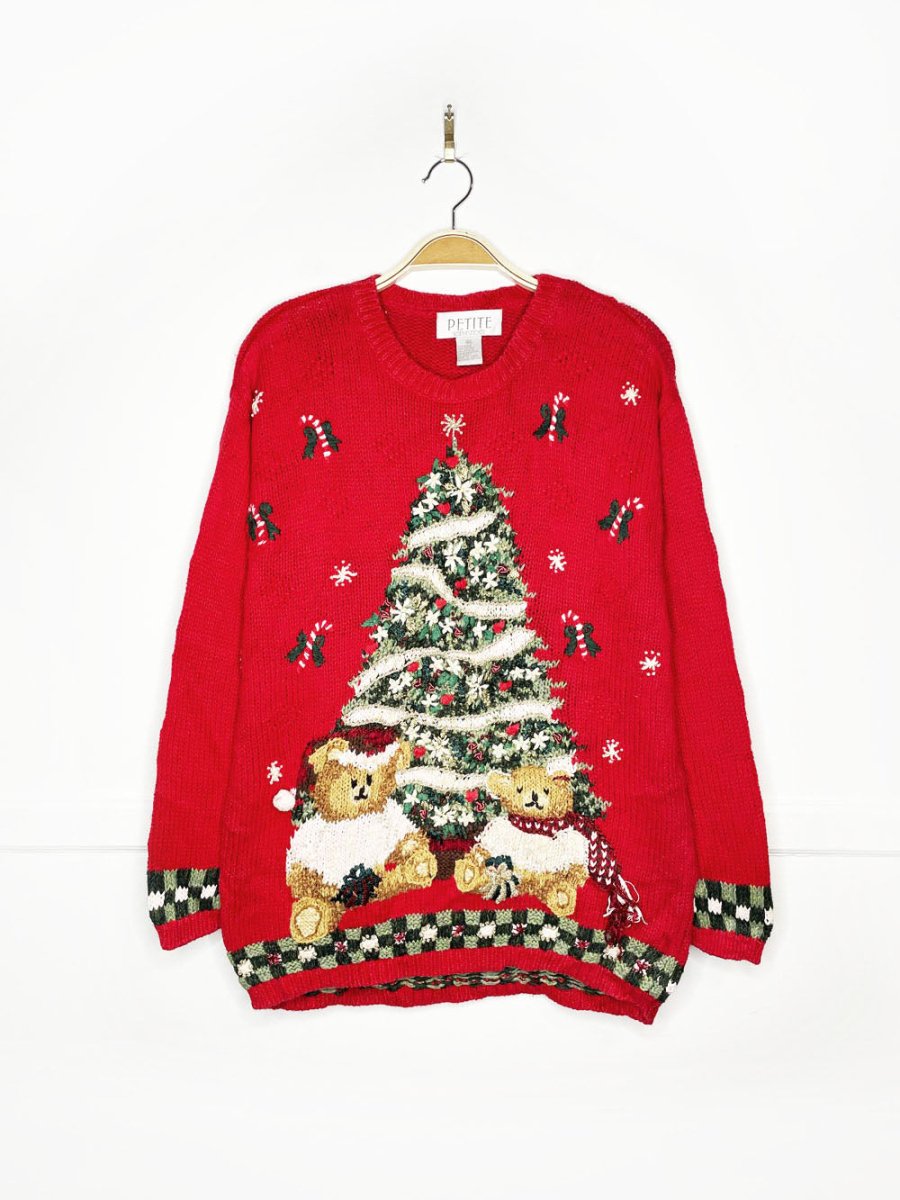 vintage 90s petite sophisticate christmas tree + bears knit sweater - good market thrift store