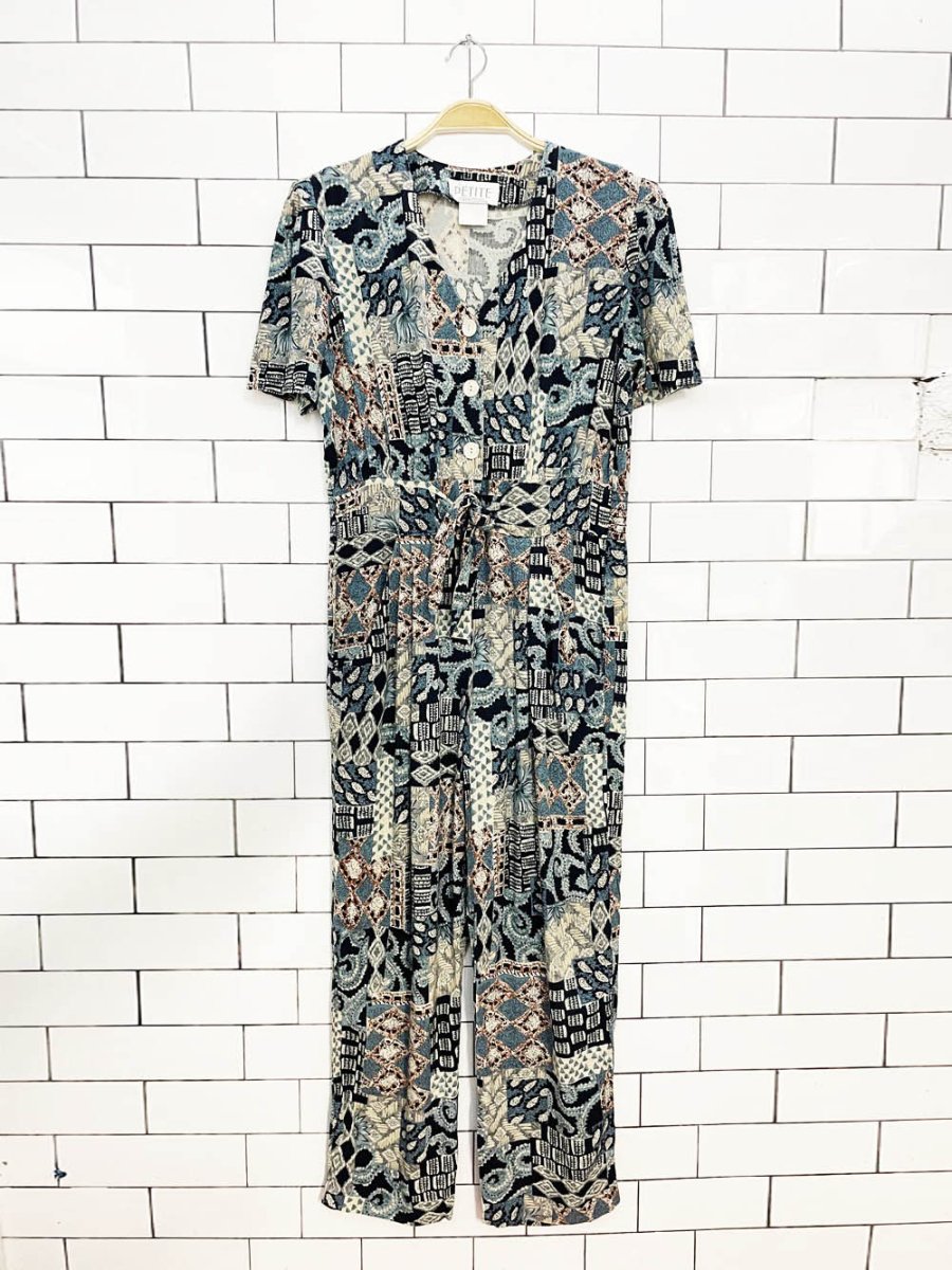 vintage 90s petite sophisticate tie waist 1/2 button jumpsuit | made in USA - good market thrift store
