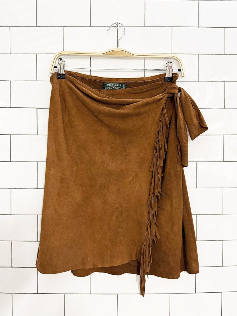 vintage 90s ralph lauren country lamb suede leather fringe wrap mini skirt - good market thrift store