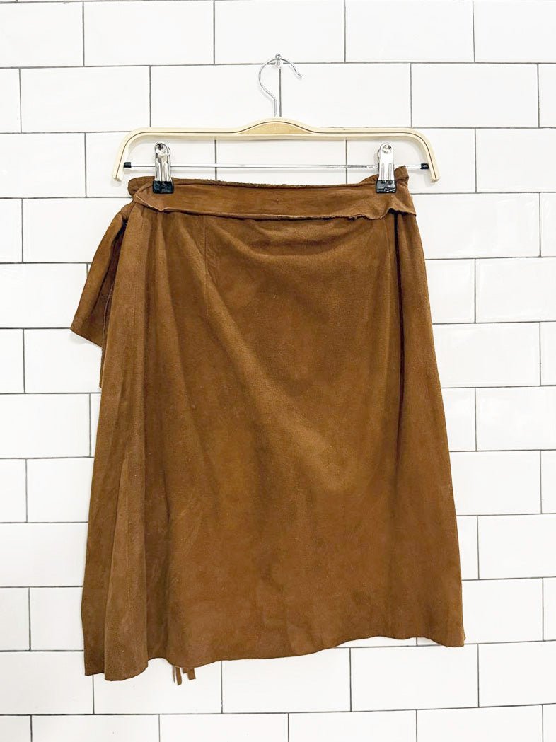 vintage 90s ralph lauren country lamb suede leather fringe wrap mini skirt - good market thrift store