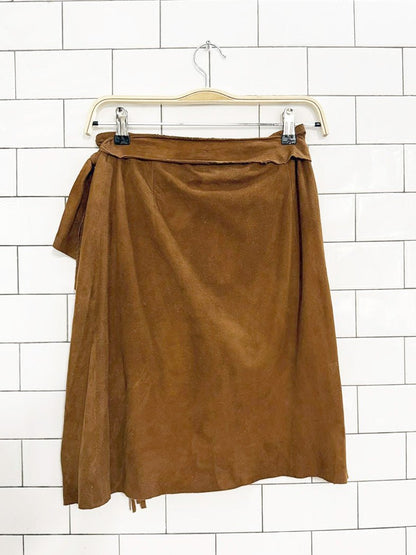 vintage 90s ralph lauren country lamb suede leather fringe wrap mini skirt - good market thrift store
