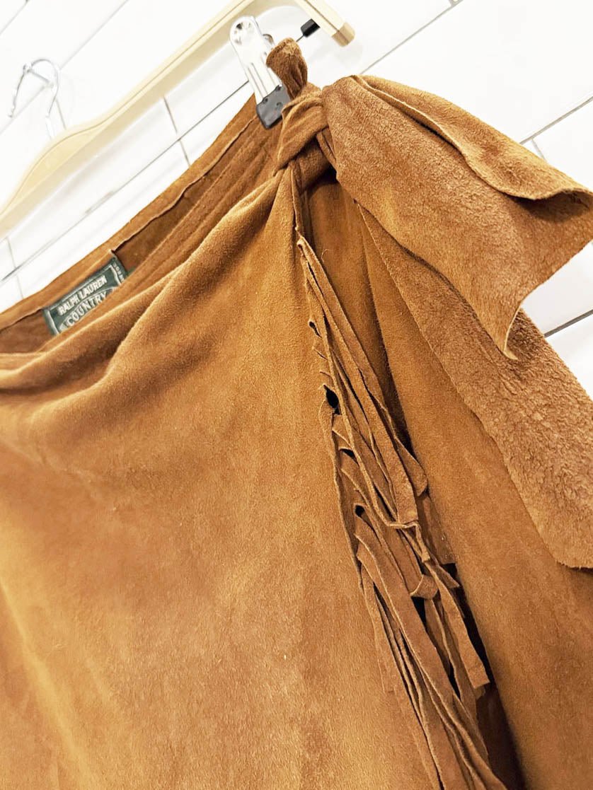 vintage 90s ralph lauren country lamb suede leather fringe wrap mini skirt - good market thrift store