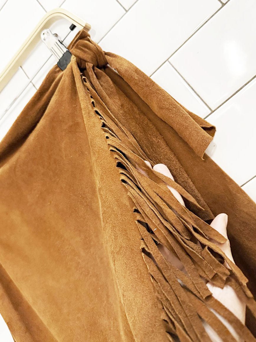 vintage 90s ralph lauren country lamb suede leather fringe wrap mini skirt - good market thrift store
