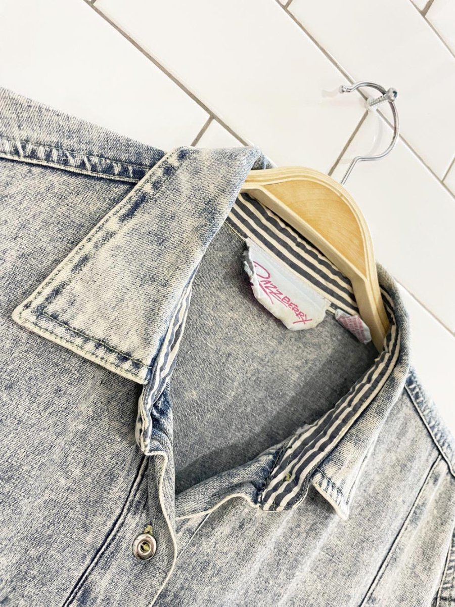 vintage 90s razzberry acid wash blue stripe trim denim shirt - good market thrift store