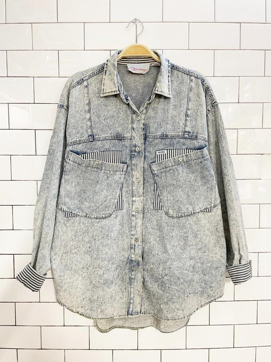 vintage 90s razzberry acid wash blue stripe trim denim shirt - good market thrift store