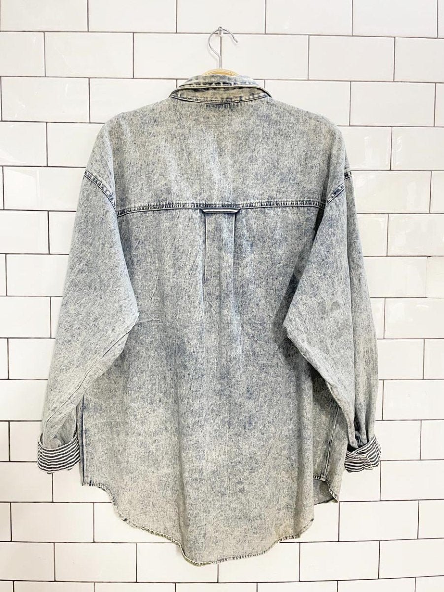 vintage 90s razzberry acid wash blue stripe trim denim shirt - good market thrift store