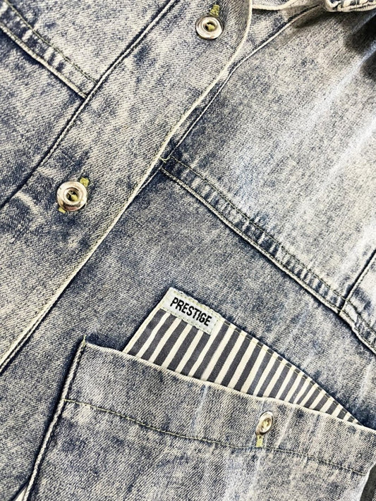 vintage 90s razzberry acid wash blue stripe trim denim shirt - good market thrift store