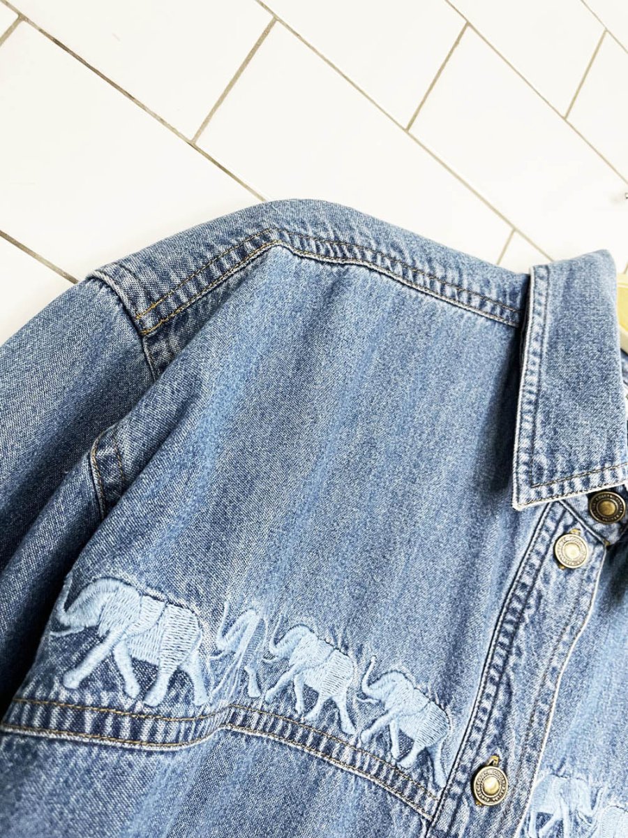 vintage 90s regina porter embroidered elephants full button denim shirt - good market thrift store