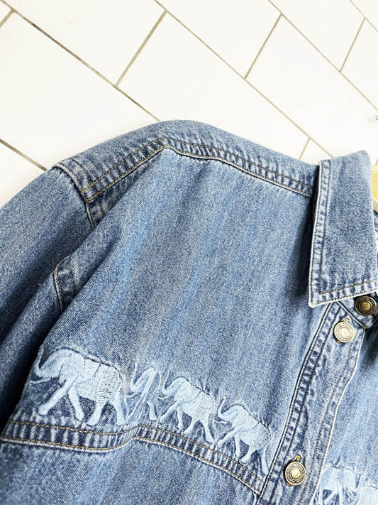 vintage 90s regina porter embroidered elephants full button denim shirt - good market thrift store