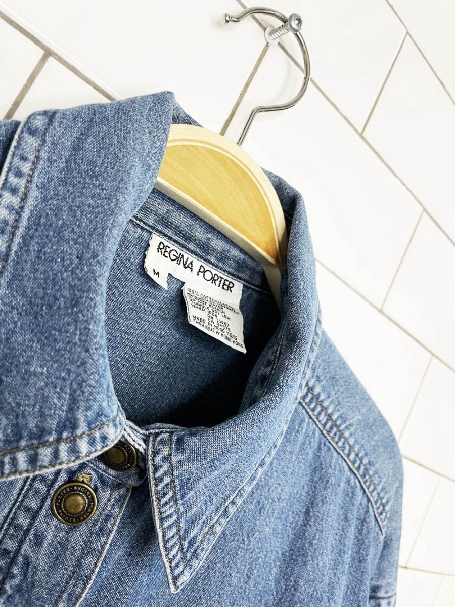 vintage 90s regina porter embroidered elephants full button denim shirt - good market thrift store