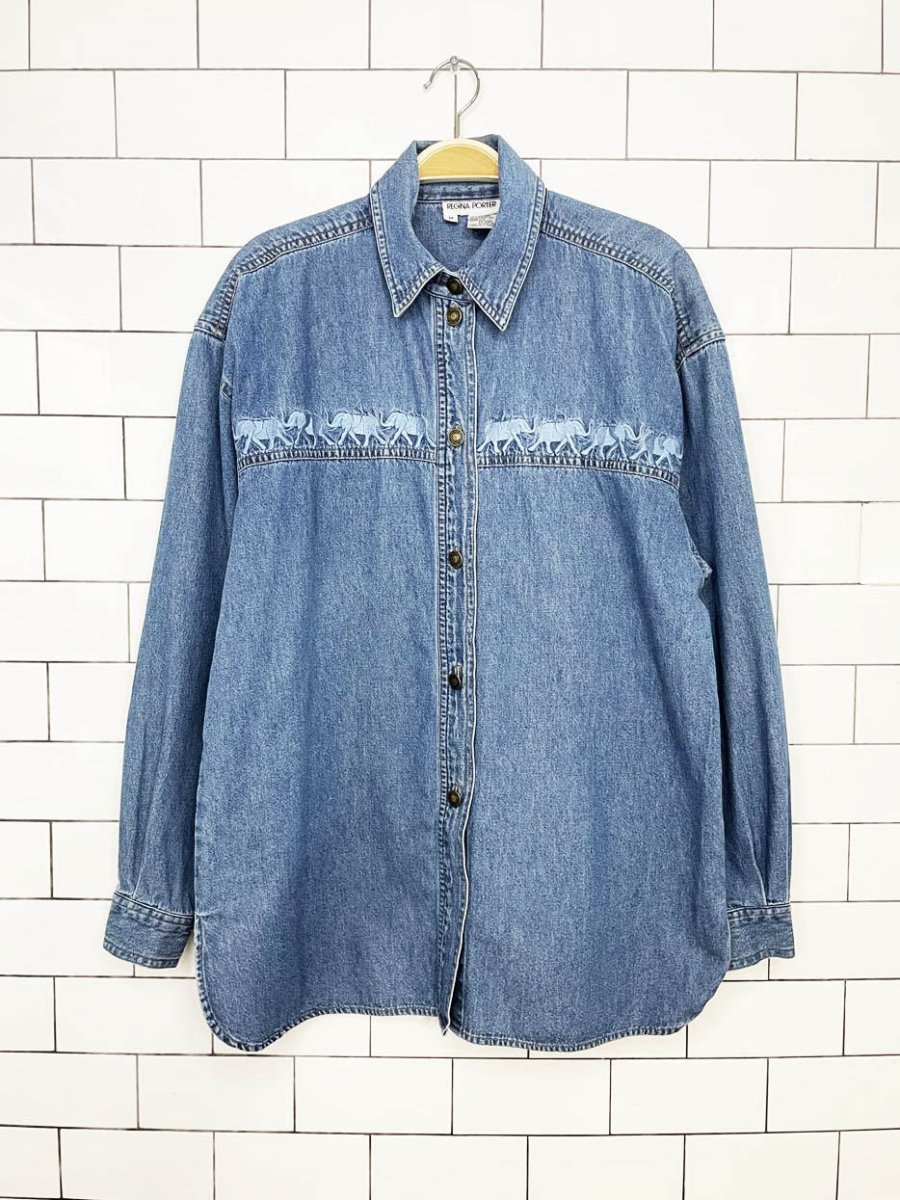 vintage 90s regina porter embroidered elephants full button denim shirt - good market thrift store
