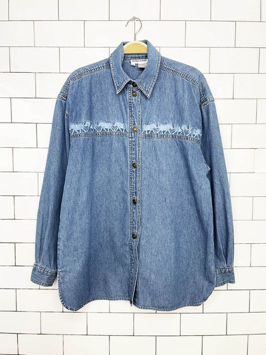 vintage 90s regina porter embroidered elephants full button denim shirt - good market thrift store