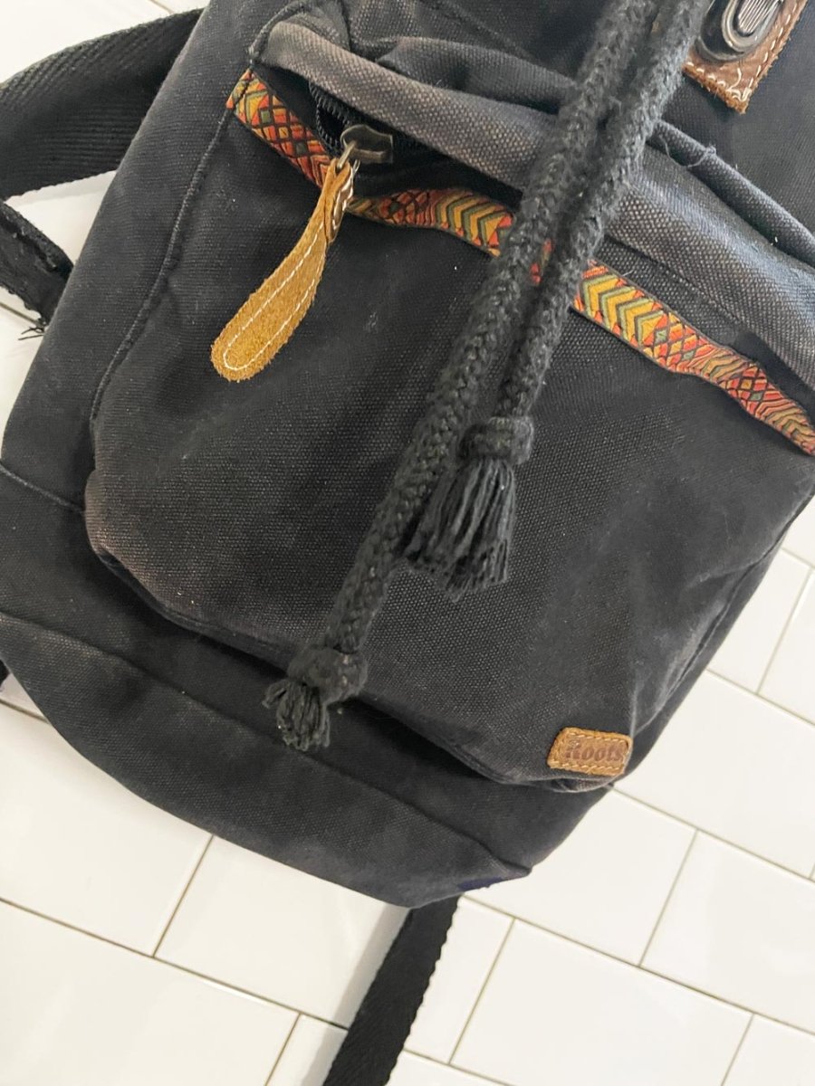 vintage 90s roots leather trim canvas backpack - good market thrift store