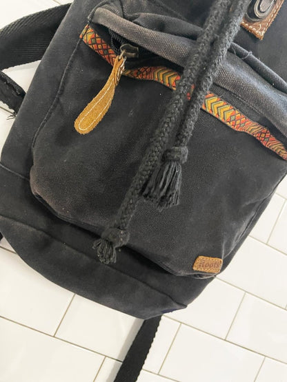 vintage 90s roots leather trim canvas backpack - good market thrift store