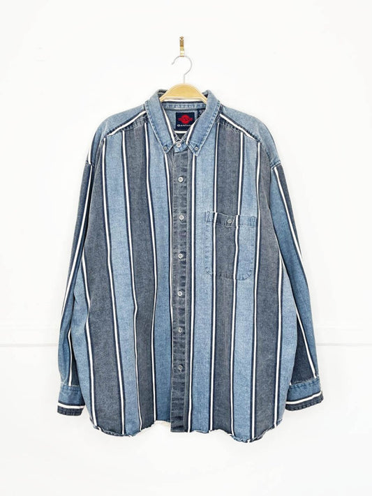 vintage 90s santana denim blue stripe full button shirt - good market thrift store