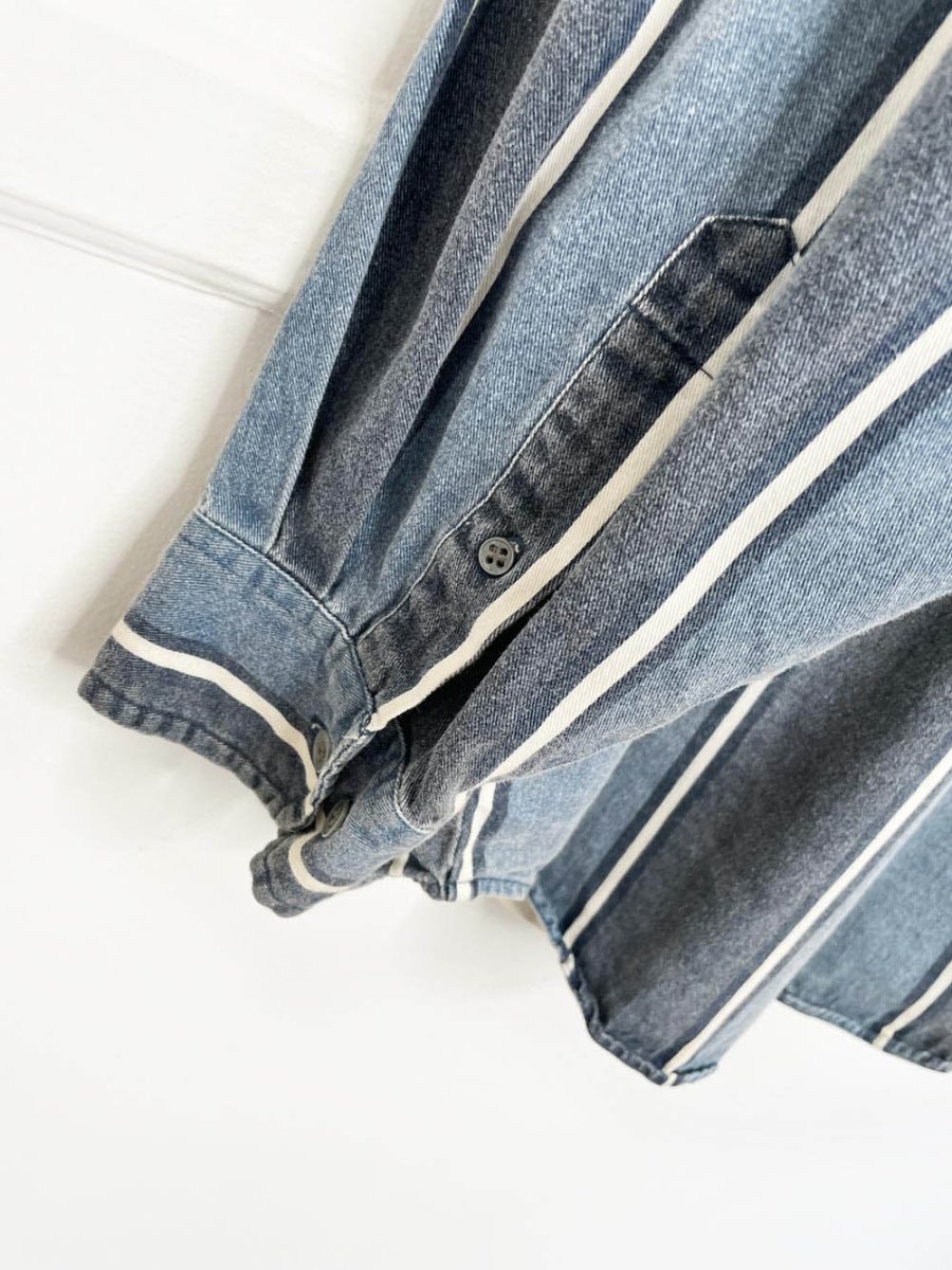 vintage 90s santana denim blue stripe full button shirt - good market thrift store