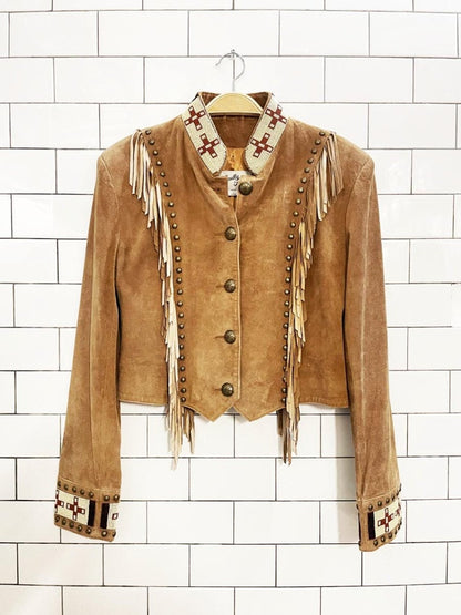 vintage 90s scully western fringe beaded leather jacket - good market thrift store