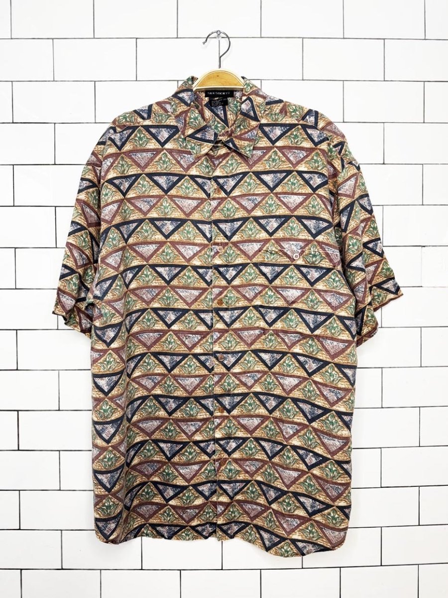 vintage 90s silk society 100% linen abstract nature full button shirt - good market thrift store