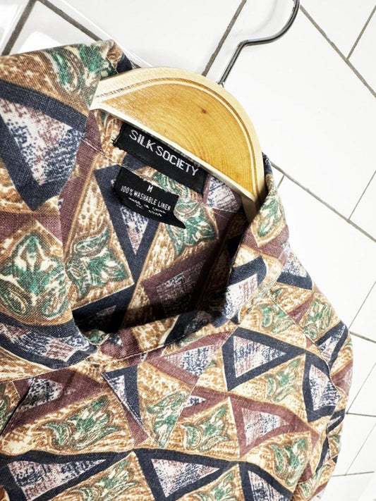 vintage 90s silk society 100% linen abstract nature full button shirt - good market thrift store