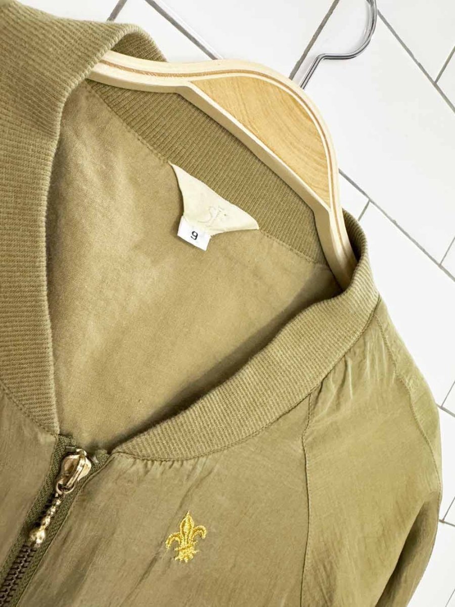 vintage 90s SJ 100% silk embroidered crest pocket bomber jacket - good market thrift store