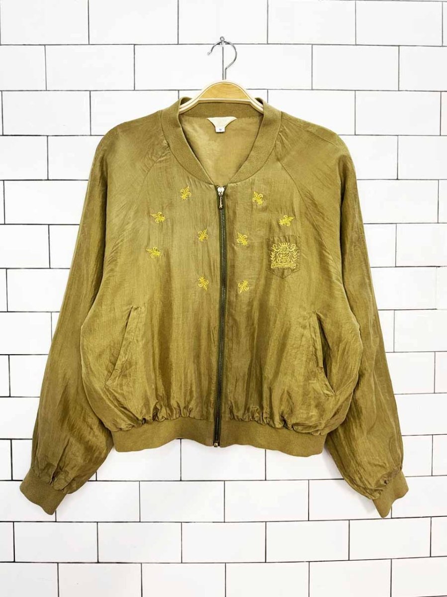 vintage 90s SJ 100% silk embroidered crest pocket bomber jacket - good market thrift store